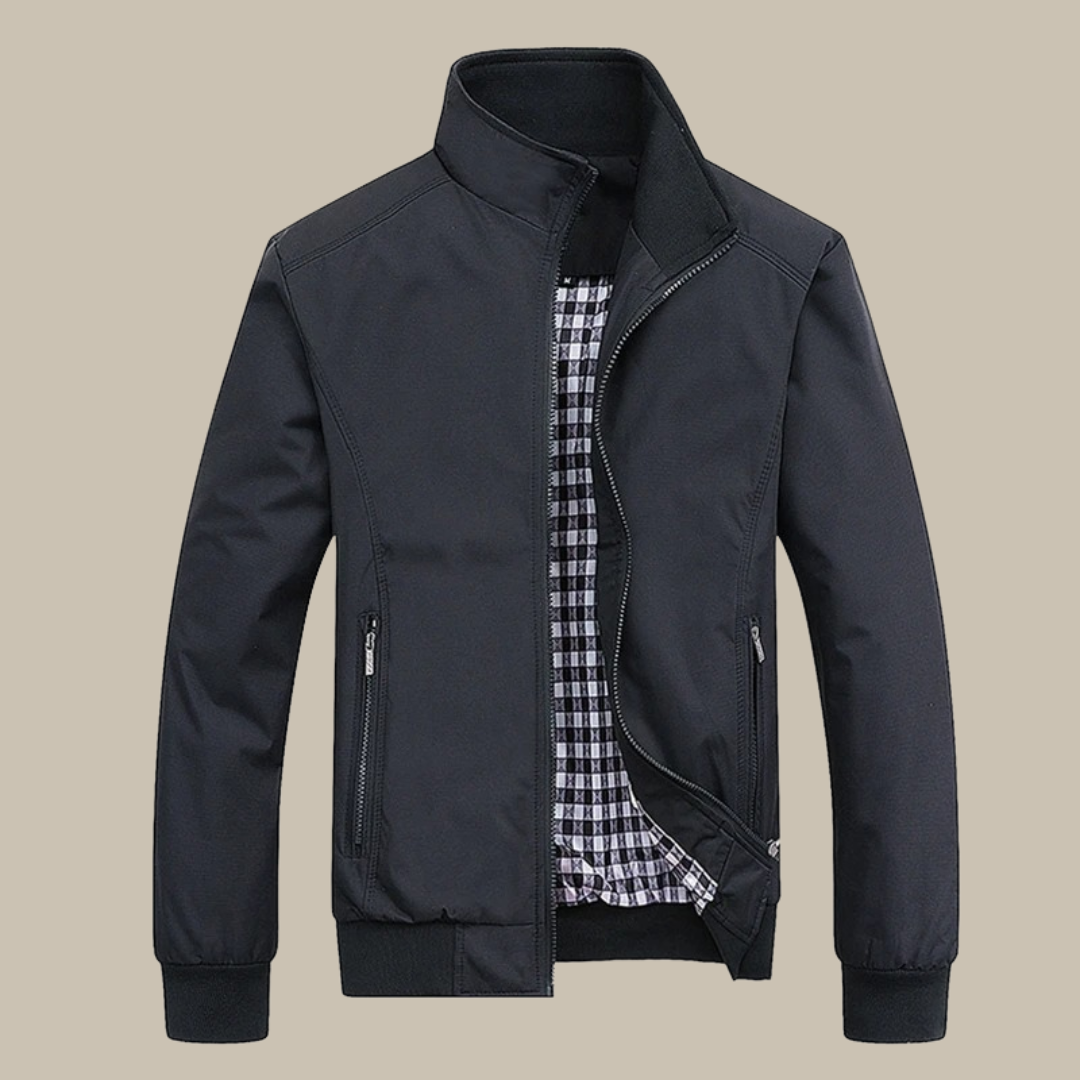 Schwarze Herrenjacke, Reißverschluss, kariertes Innenfutter, modisch, lässig, Herbstbekleidung.
