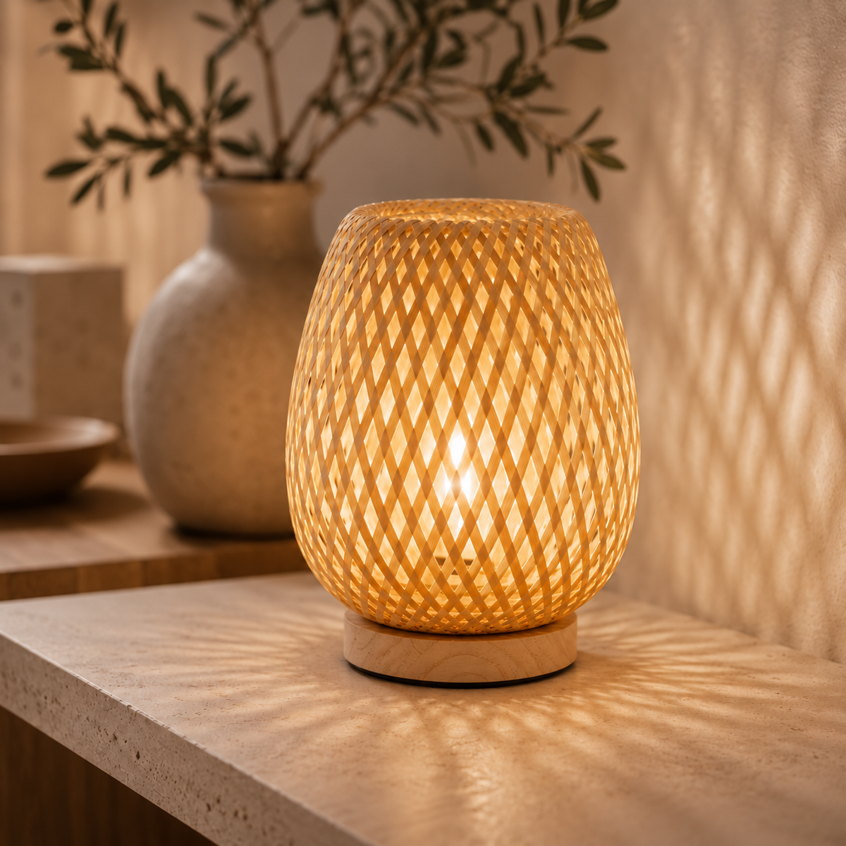 Närbild på tänd flätad bambulampa med träfot på en stenhylla, med skuggmönster på väggen och en kruka med olivgren bakom. 1