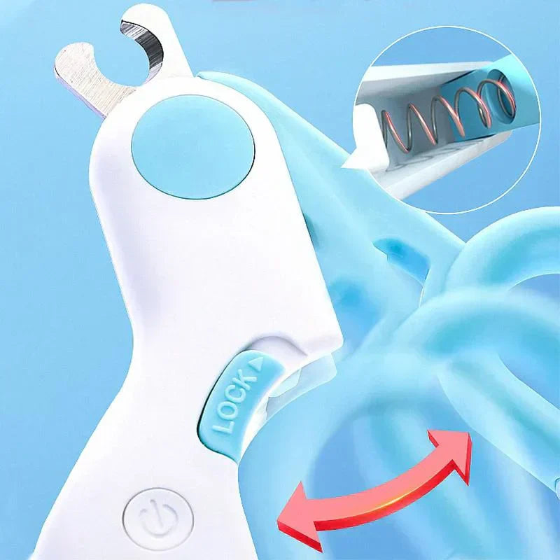 Professionelle Haustier-Nagelknipser mit LED-Licht, weiß-blau, für Hunde und Katzenpflege.