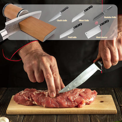 Slipcylinder och vinkelblock slipar en kniv, med olika knivtyper i en ruta och en kock som skär kött på en skärbräda. 10