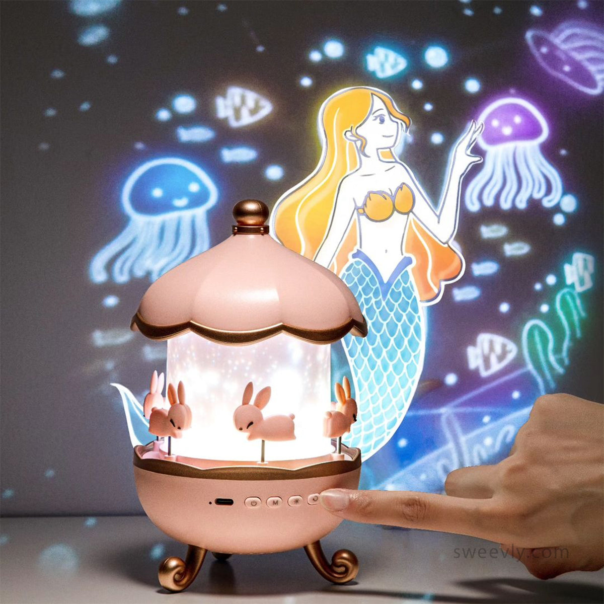 Rosa Nachtlicht Projektor mit Meerjungfrau und Quallen, Kinderzimmer Deko, LED-Lampe.