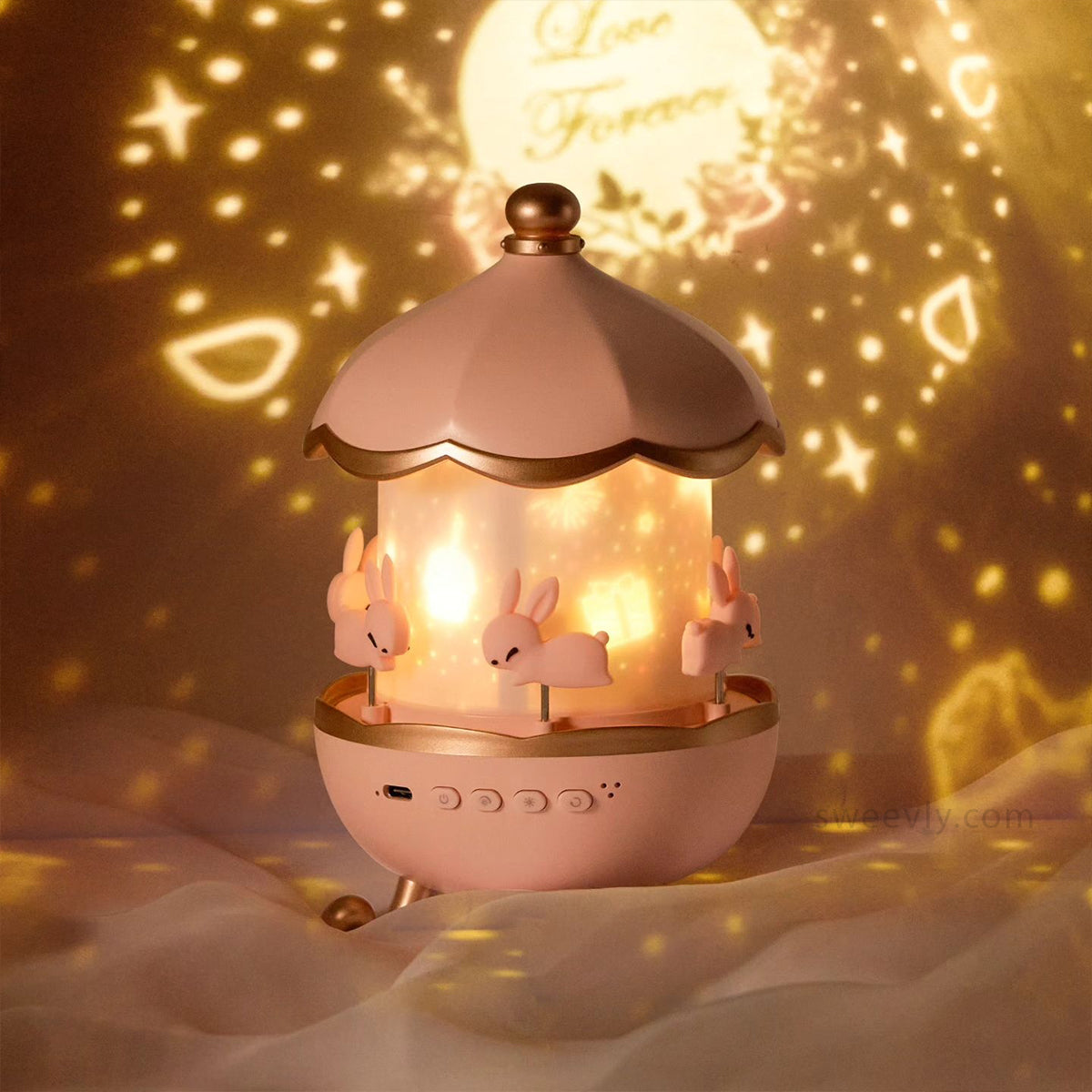Rosa Nachtlicht Projektor mit Kaninchen, LED, Kinderzimmer, Sternenhimmel, dekorativ.