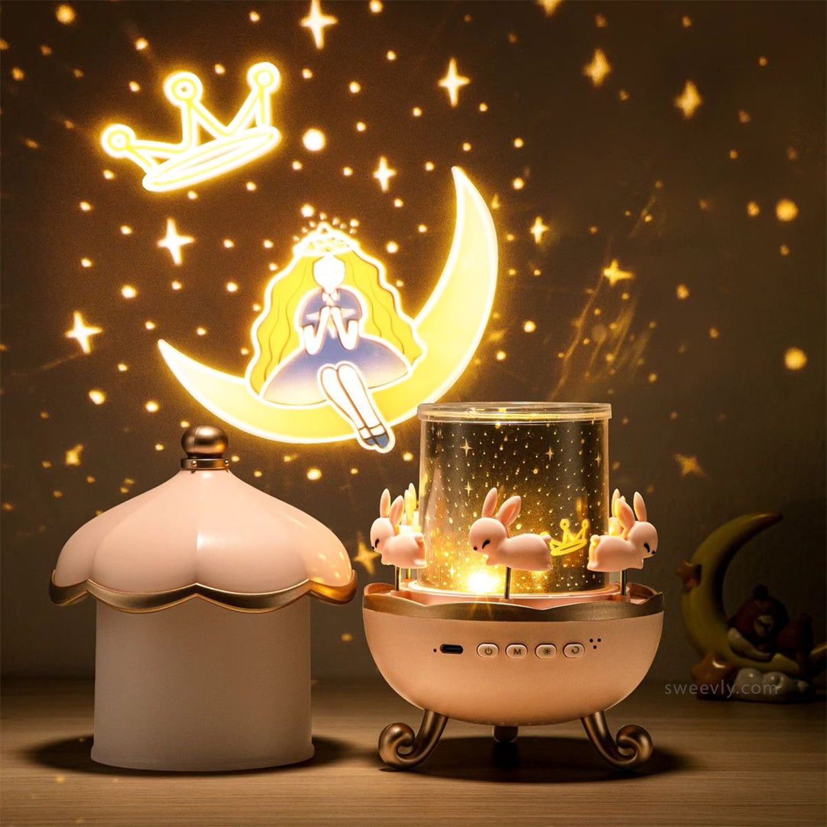 Nachtlicht Projektor mit Mond, Prinzessin und Sternen, rosa Design, Kinderzimmer Deko.