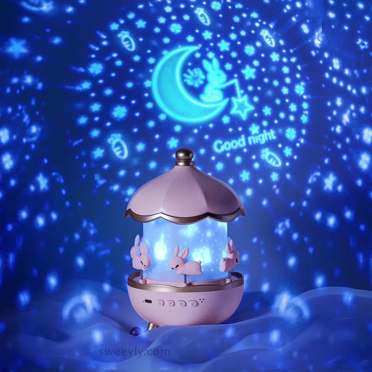 Rosa Nachtlicht Projektor mit Hasenmotiv, LED-Sternenhimmel, Kinderzimmer-Dekoration.