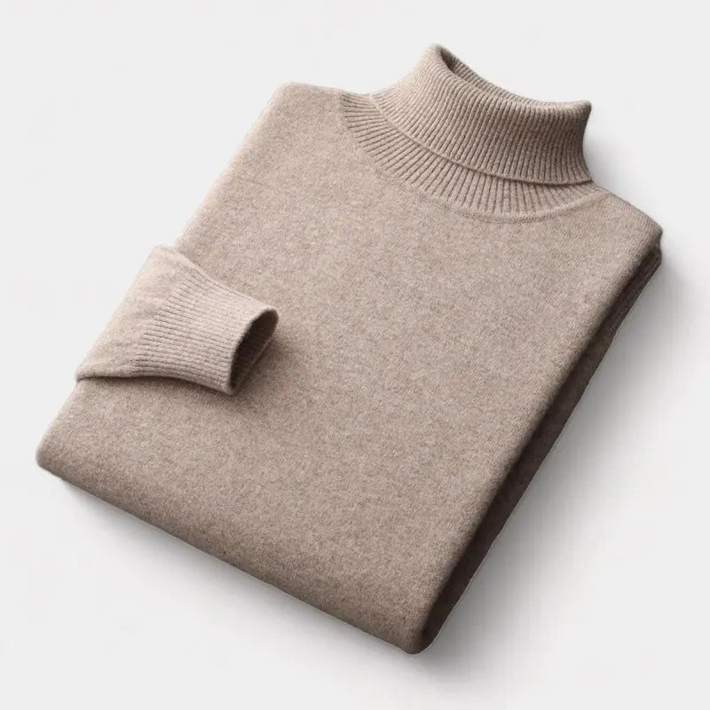 Vikt beige rullkragetröja liggande platt med ribbad krage och ribbat ärmslut 8