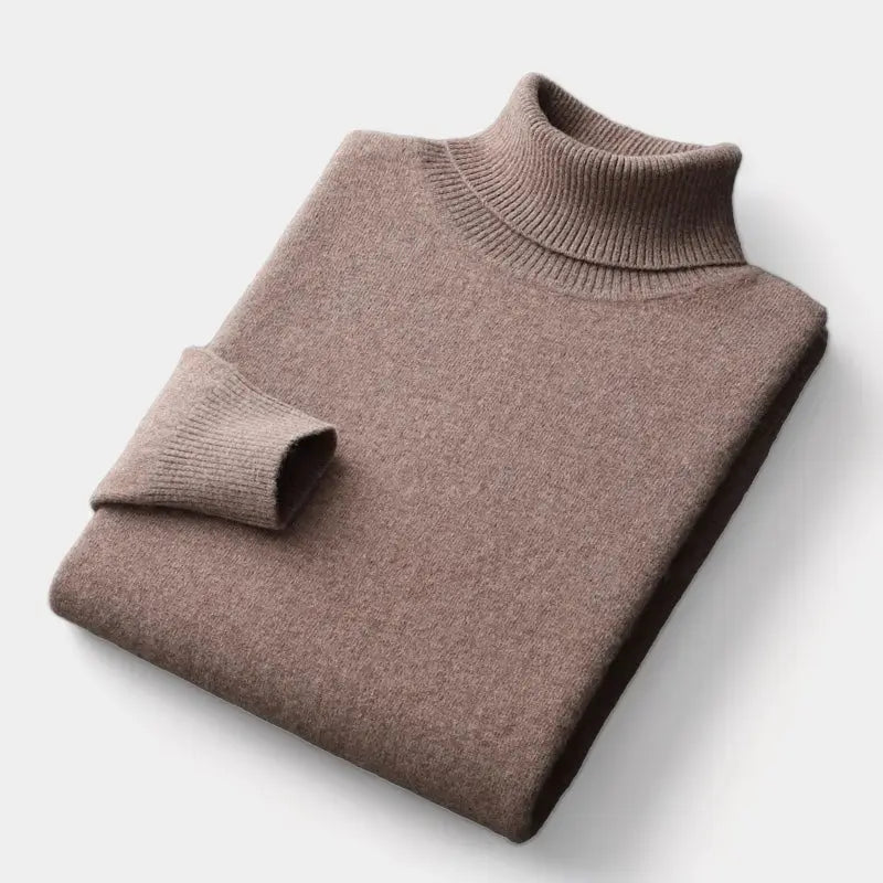 Vikt brunbeige rullkragetröja liggande platt med ribbad krage och ribbat ärmslut 9