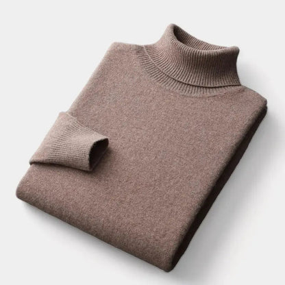 Vikt brunbeige rullkragetröja liggande platt med ribbad krage och ribbat ärmslut 9