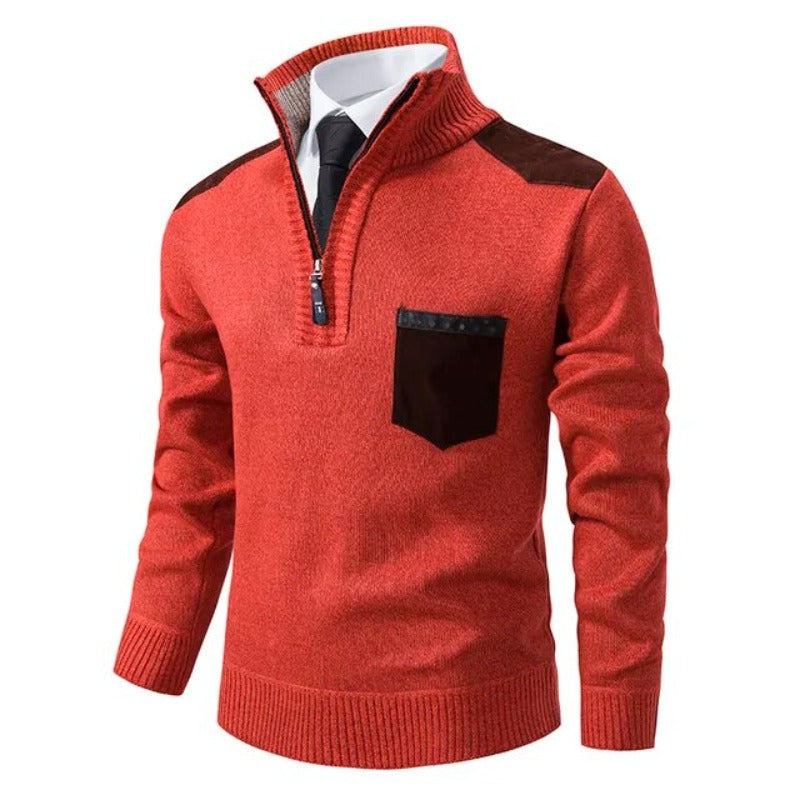 Roter Herrenpullover mit halbem Reißverschluss, Kaschmir, Herbst-Winter, Stehkragen, modisch.