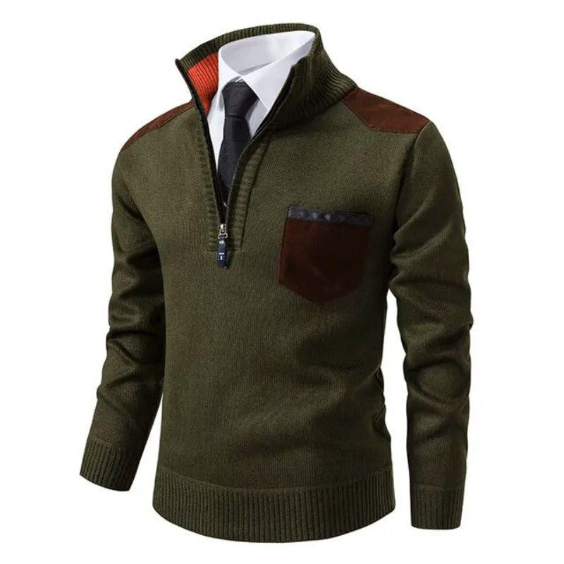 Grüner Herrenpullover mit Reißverschluss, Kaschmir, Herbst-Winter, Stehkragen, modisch.