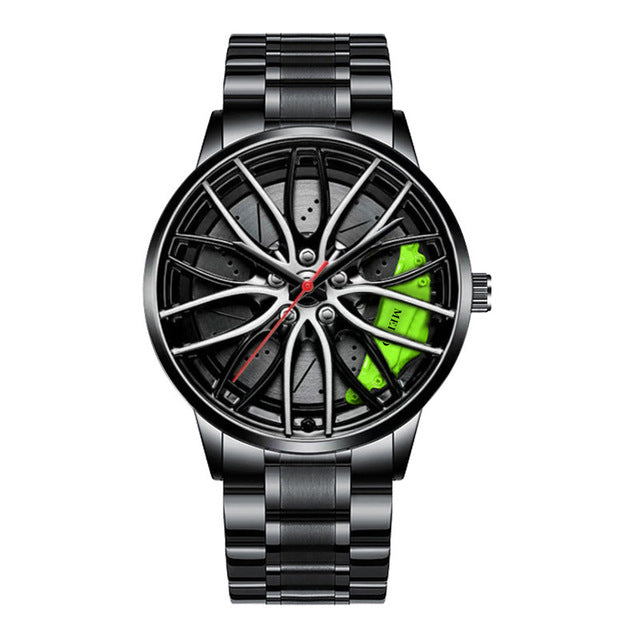 Wasserdichte Herren-Quarzuhr, schwarzes Metallarmband, Autoreifen-Design, sportlich.