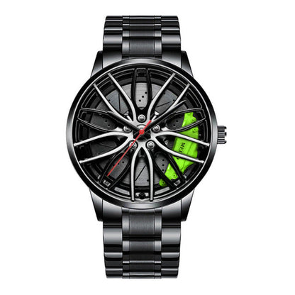 Wasserdichte Herren-Quarzuhr, schwarzes Metallarmband, Autoreifen-Design, sportlich.