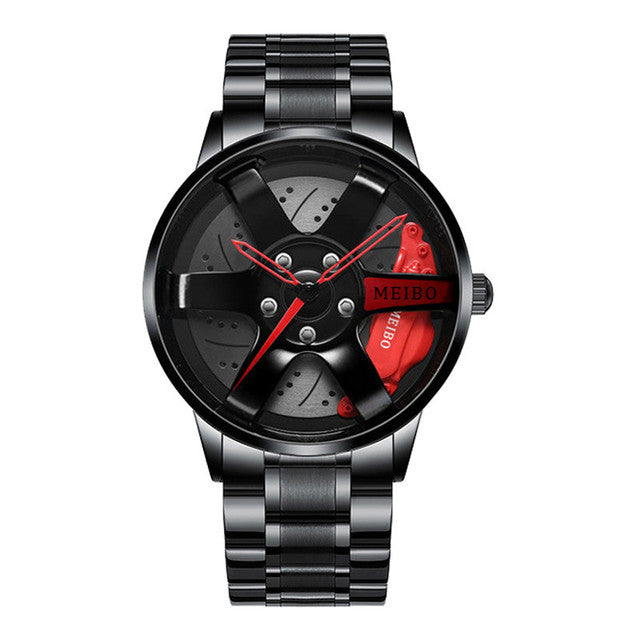 Schwarze Herren-Quarzuhr, wasserdicht, mit Autoreifen-Design, Metallarmband.