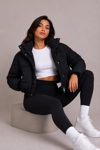 Sittande modell på en ljus sockel bär den svarta puffjackan öppen över ett vitt linne med svarta leggings. 6