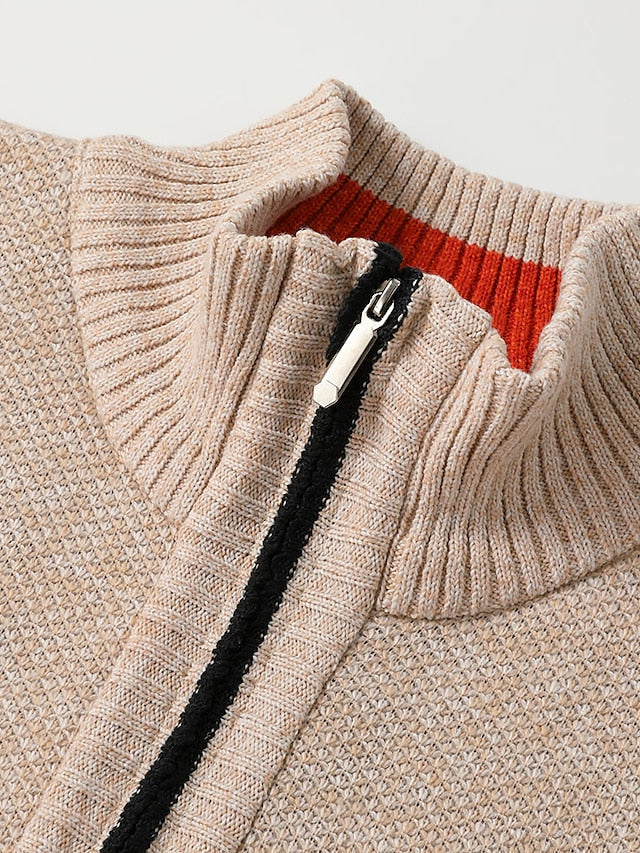 Beiger Herren-Strickpullover mit Reißverschluss, Rippkragen, modisch, warm, hochwertig.