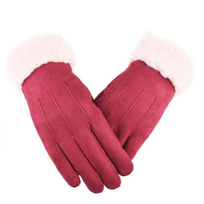 Rote Damenhandschuhe aus Wildleder mit weißem Kunstfell, Wintermode Accessoire.