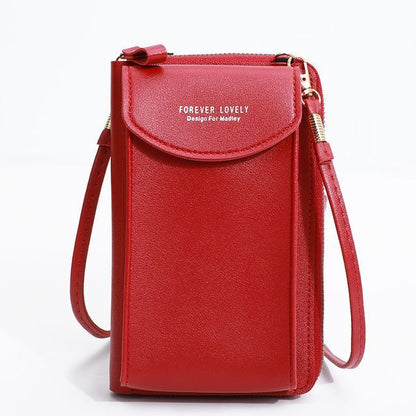Rote Leder-Handytasche mit Schulterriemen, modisch, praktisch, für Damen.