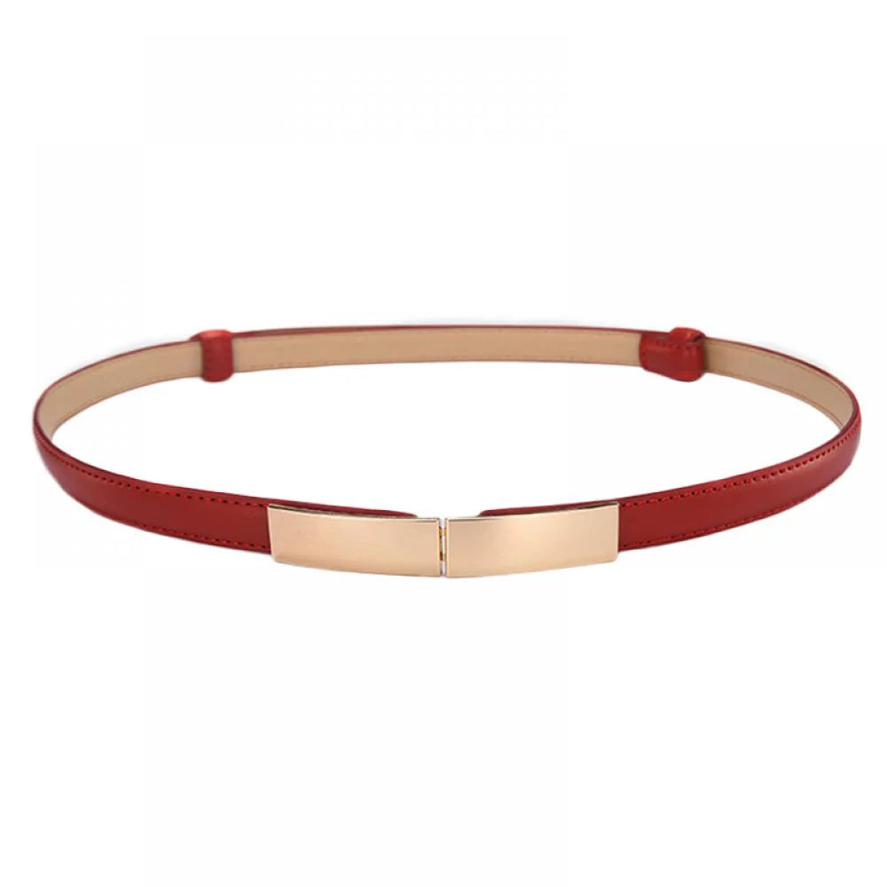 Roter Ledergürtel mit goldener Schnalle, Damenmode Accessoire, elegantes Design.