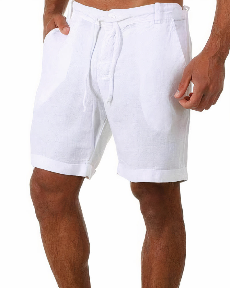 Weiße Leinen-Shorts für Herren, lässig, Sommermode, mit Kordelzug, knielang.