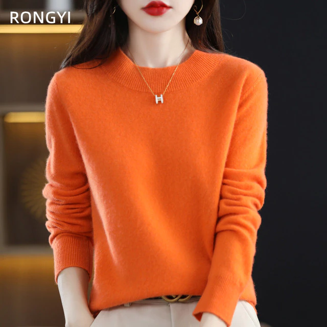 Orange Damenpullover aus reiner Wolle, Rollkragen, Herbst-Winter, modisch, bequem.