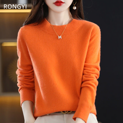 Orange Damenpullover aus reiner Wolle, Rollkragen, Herbst-Winter, modisch, bequem.