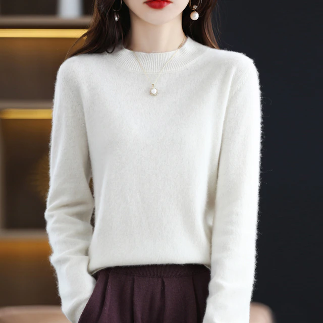 Weiße Damen-Cashmere-Pullover, halbhoher Kragen, Herbst-Winter, reine Wolle, elegant.