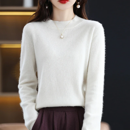 Weiße Damen-Cashmere-Pullover, halbhoher Kragen, Herbst-Winter, reine Wolle, elegant.