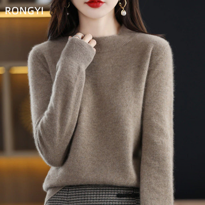 Damenpullover aus reiner Wolle, beige, Rollkragen, Herbst-Winter, casual, gestrickt.