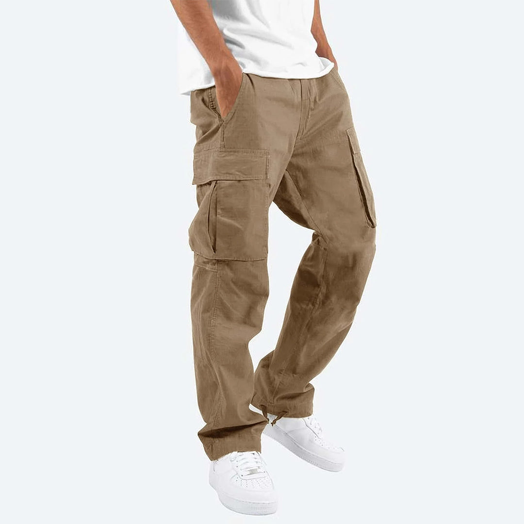 Beige Cargo-Hose für Herren, Baumwolle, seitliche Taschen, lässiger Stil.
