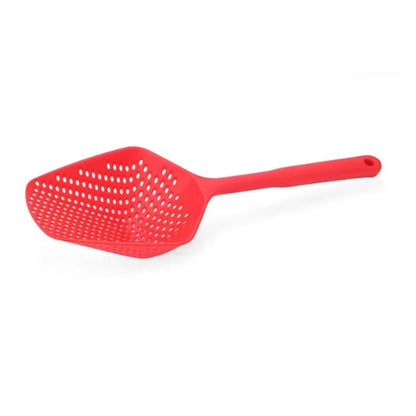 Roter Kunststoff-Schaumlöffel mit Löchern, Küchensieb, ergonomischer Griff, langlebig.