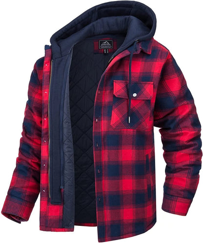 Rote karierte Herrenjacke mit Kapuze, gefüttert, warm, ideal für Herbst und Winter.