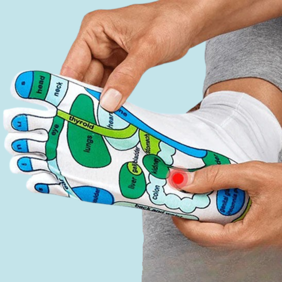 Reflexzonen-Socken, weiß, mit farbigen Fußreflexzonen, für Massage und Entspannung.