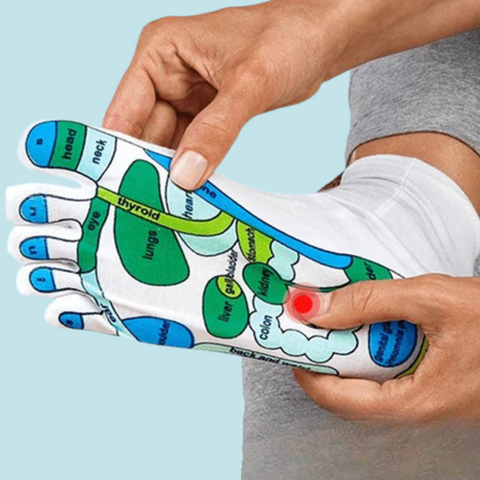 Reflexzonen-Socken, weiß, mit farbigen Fußreflexzonen, für Massage und Entspannung.
