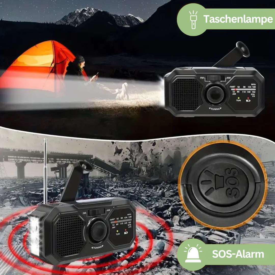 Tragbares Notfallradio mit Taschenlampe, SOS-Alarm, Solar- und Kurbelbetrieb, schwarz.