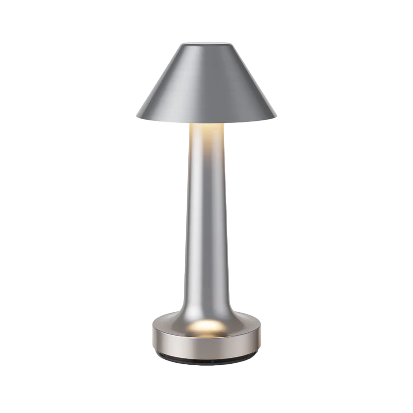 Silberne Tischlampe, konisch, für Restaurantbar, modernes Design, LED-Beleuchtung.