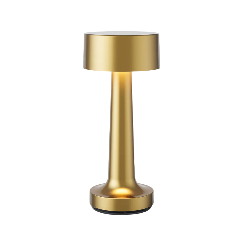 Goldene zylindrische Tischlampe für Restaurantbar, modernes Design, Metall, LED-Beleuchtung.