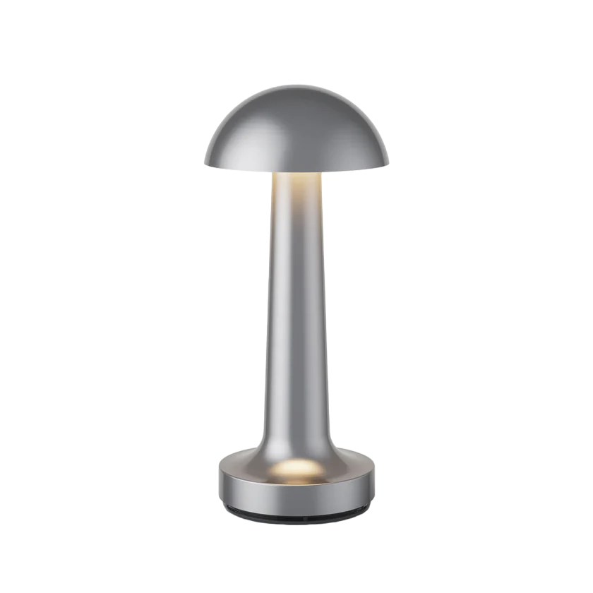 Silberne Tischlampe, pilzförmig, für Restaurant oder Bar, modernes Design, LED-Beleuchtung.