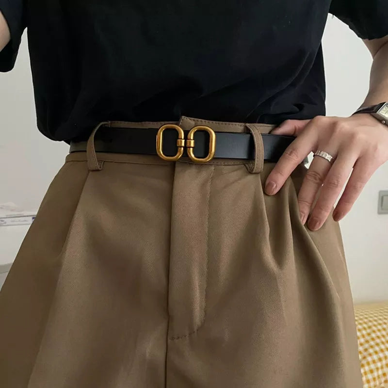Damen Retro Gürtel mit goldener Schnalle, schwarzes Leder, modisch, elegant, hochwertig.