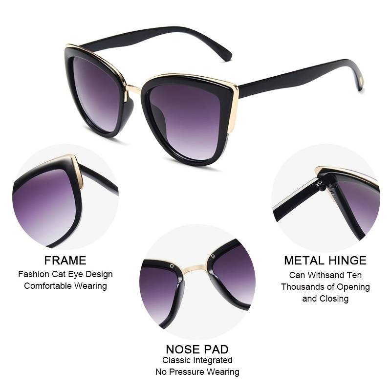 Retro Cat-Eye Sonnenbrille, schwarz-gold, UV-Schutz, modisches Accessoire, Damenmode.