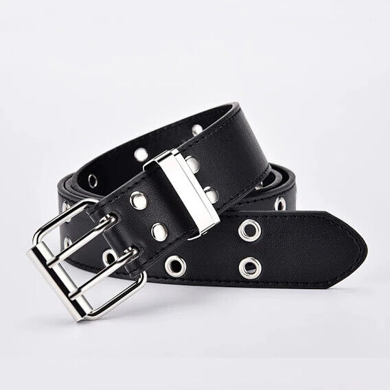 Schwarzer Punk-Gürtel mit Nieten, Leder, silberne Schnalle, modisch, Unisex-Accessoire.
