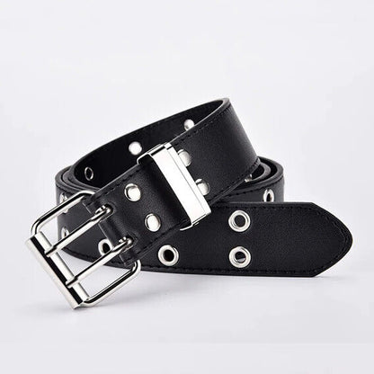 Schwarzer Punk-Gürtel mit Nieten, Leder, silberne Schnalle, modisch, Unisex-Accessoire.