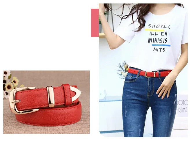 Roter Ledergürtel Damen, Retro-Stil, goldene Schnalle, modisches Accessoire, Jeans Outfit.