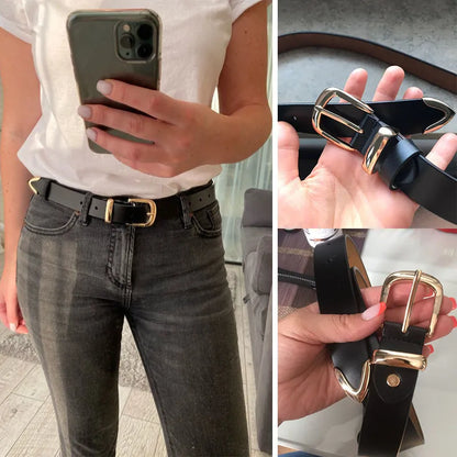 Damen Retro Ledergürtel, schwarz, goldene Schnalle, modisch, hochwertig, vielseitig.