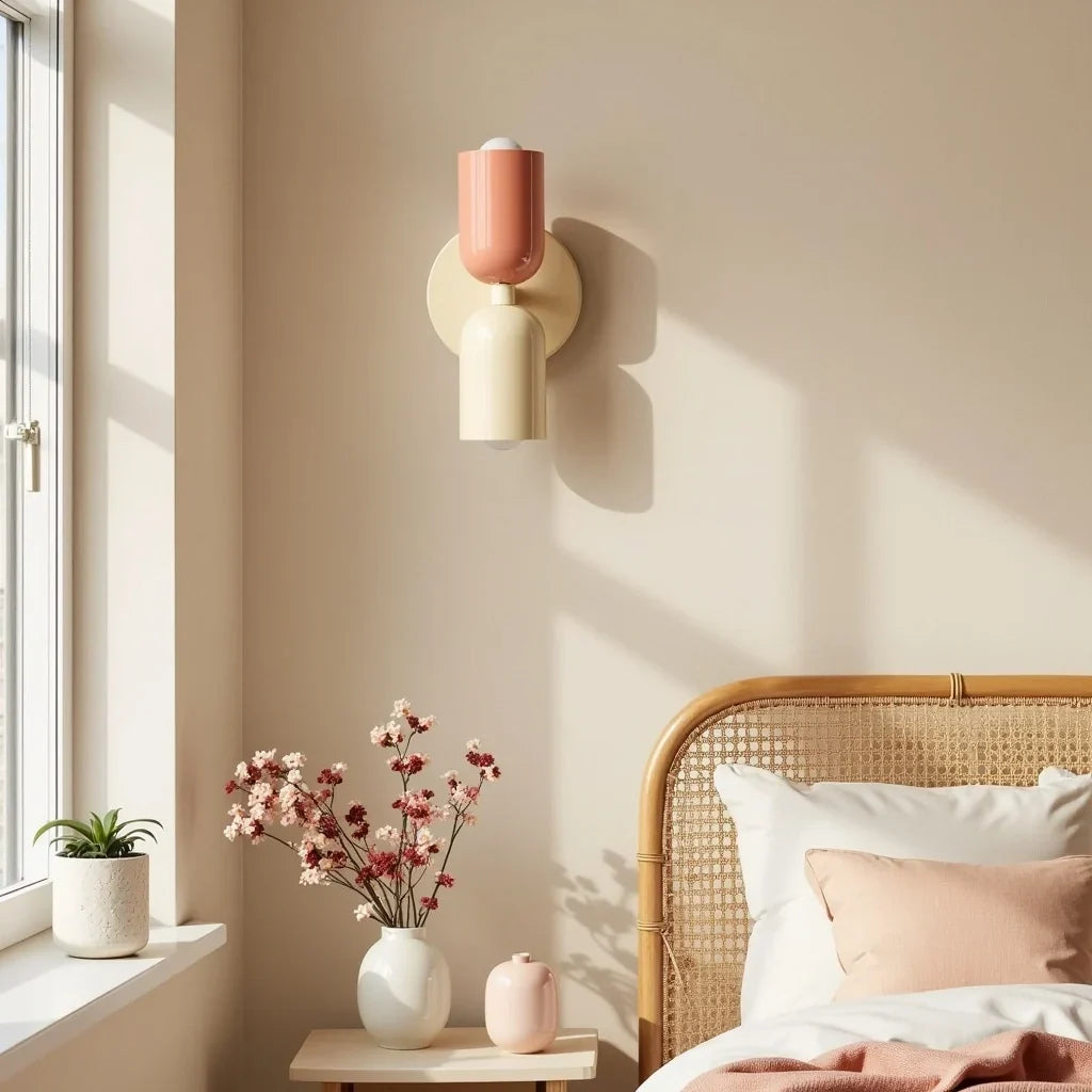 Vägglampa i korall och gräddvitt i ett soligt sovrum med rottingsänggavel, rosa kudde och vit vas med blommor. 2