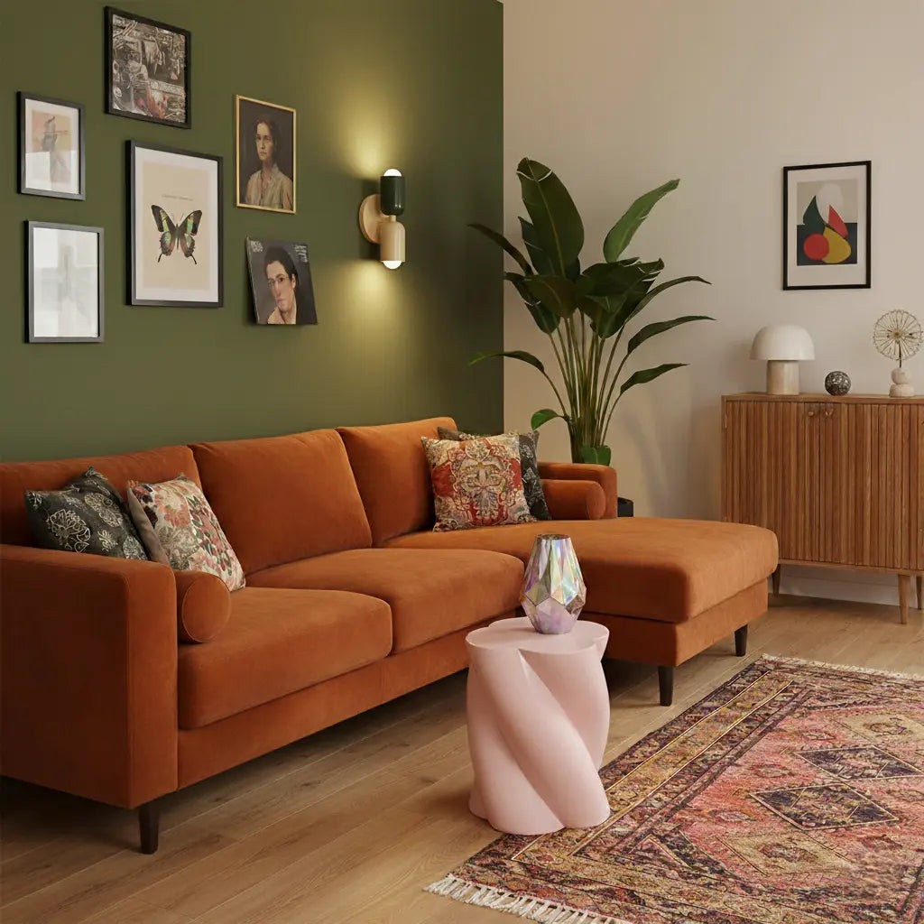 Tänd vägglampa i mörkgrönt och beige på en grön vägg ovanför en orange hörnsoffa med mönstrade kuddar och rosa pall. 9