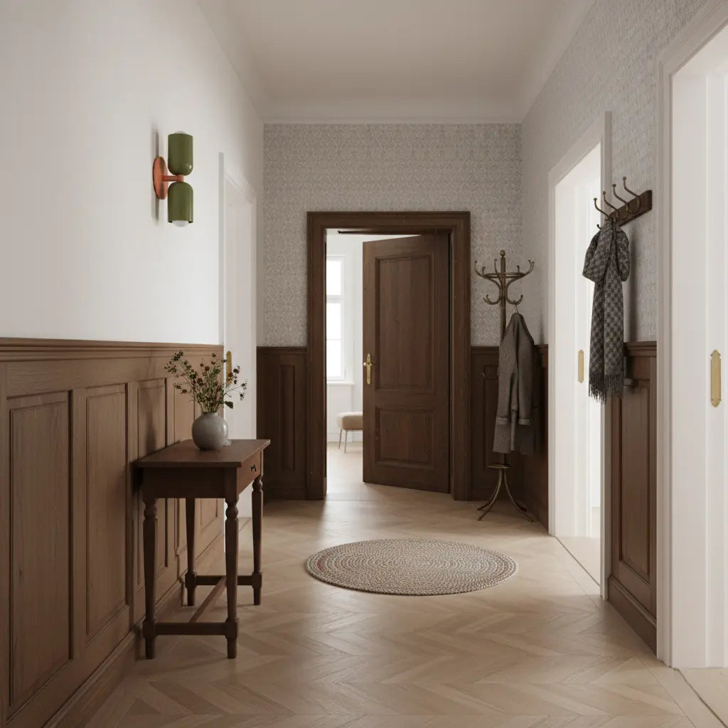 Vägglampa i grönt med orange fäste i en hall med träpanel, sidobord, hattstã¤ll och sillbensparkett. 7