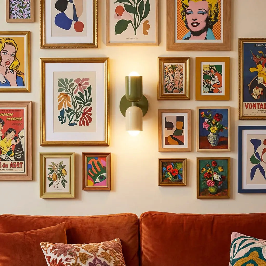 Tänd vägglampa i olivgrönt och gräddvitt mitt i ett tätt galleri av inramade posters ovanför en orange sammetssoffa. 6