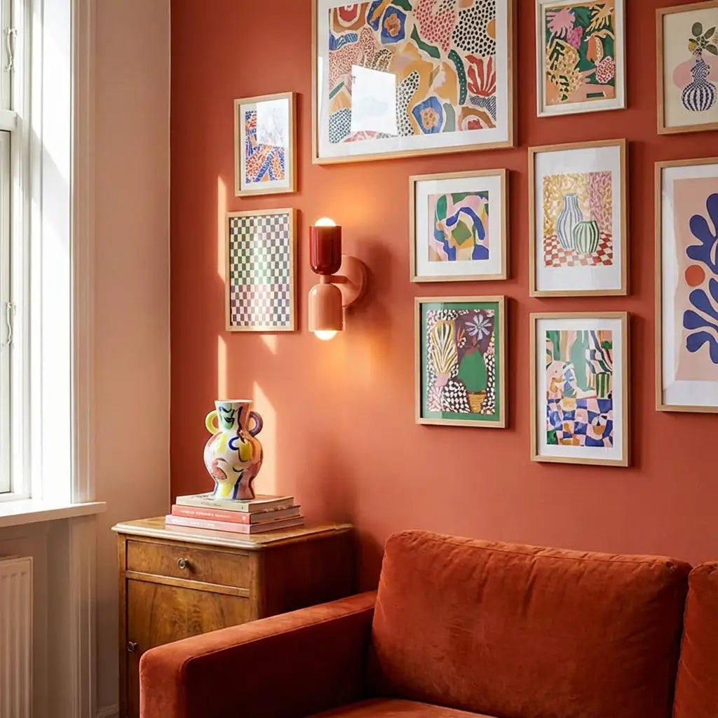 Tänd vägglampa i röd och persikofärg på en terrakottavägg bland färgglada tavlor, ovanför byrå med vas och orange soffa. 5
