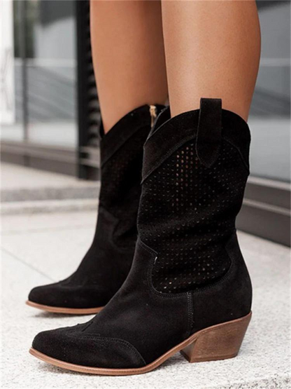 Schwarze Wildleder-Cowboystiefel, atmungsaktiv, Damenmode, niedriger Absatz, modern.
