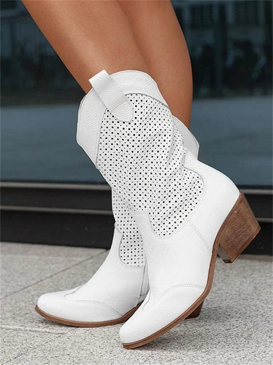 Weiße Cowboy-Stiefel aus Leder mit perforiertem Design, atmungsaktiv, Damenmode.