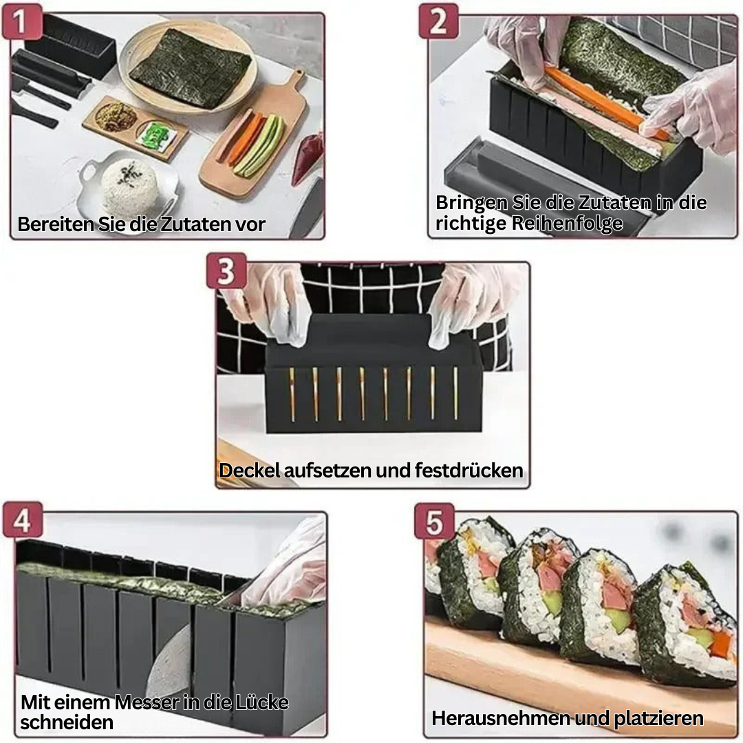 Sushi-Maker-Set, schwarz, mit Zutaten, Schritt-für-Schritt-Anleitung, Sushi-Zubereitung.